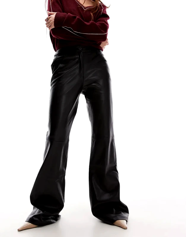 Mango Mango flare leg leather look trouser in dark red