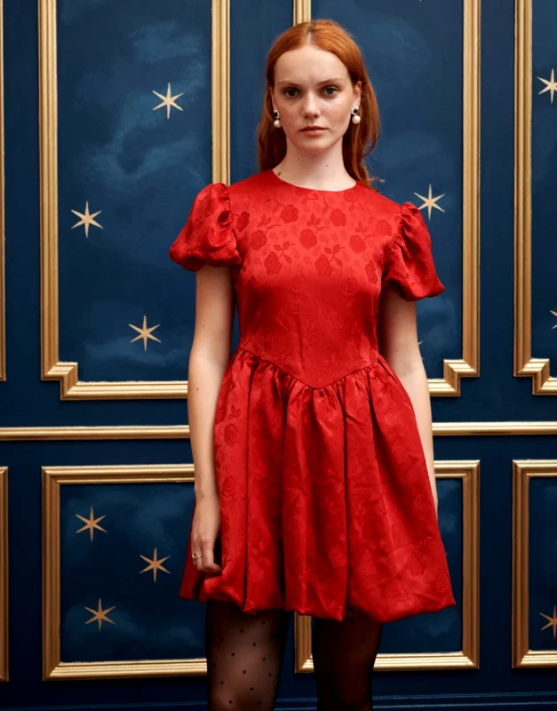 sister jane Sister Jane drop hem jacquard mini dress in red