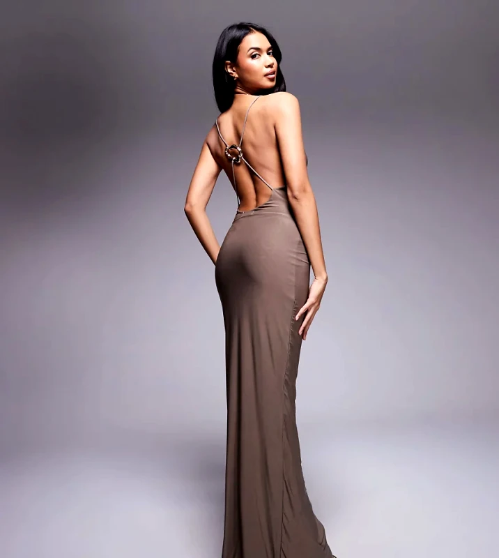Fashionkilla Fashionkilla exclusive slinky double sculpted strappy cowl neck cross back metal ring detail slinky double sculpted maxi dress in taupe-Red