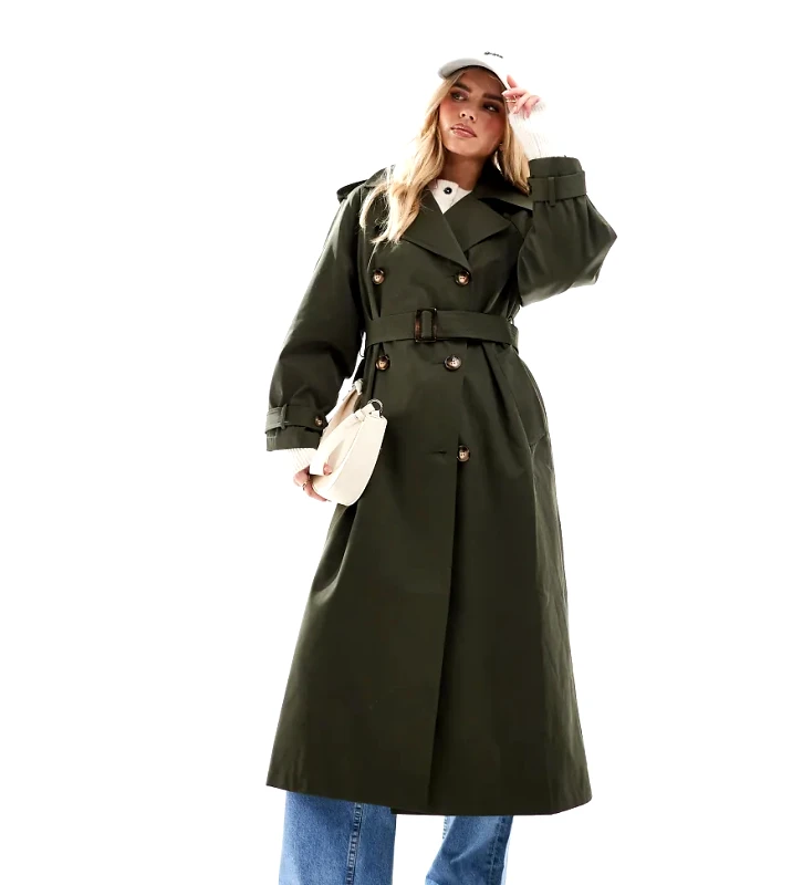 Miss Selfridge Petite Miss Selfridge Petite belted trench coat in khaki-Green