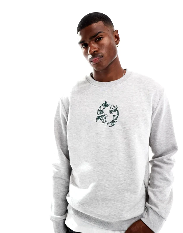 Jack & Jones Jack & Jones oversized sweat with carp embroidery in light grey melange