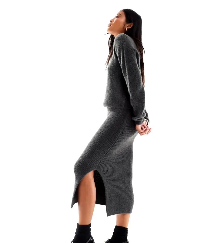 Vero Moda Petite Vero Moda Petite fluffy midi skirt co-ord in asphalt grey