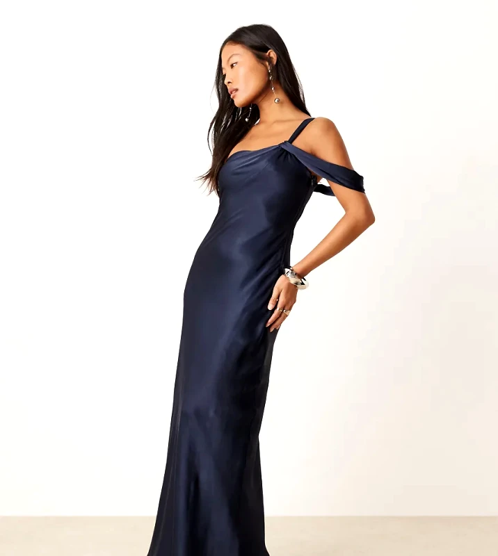 Forever New Petite Forever New Petite off shoulder satin midaxi dress in cobalt-Blue