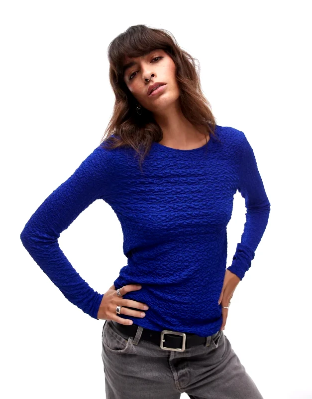 & Other Stories & Other Stories smocked jersey fitted top with long sleeves in cobalt blue