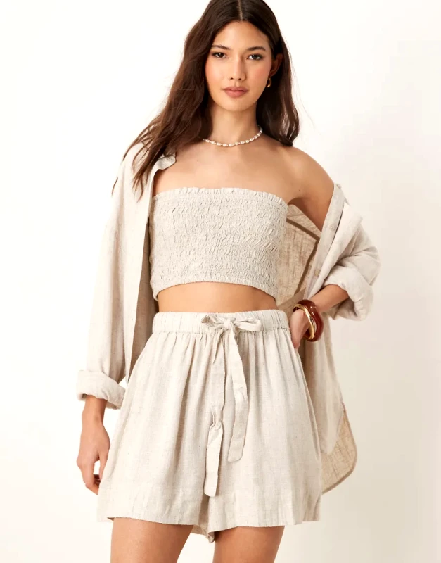 ASOS DESIGN ASOS DESIGN Isabel mix & match linen blend shirred bandeau beach top in natural-Neutral