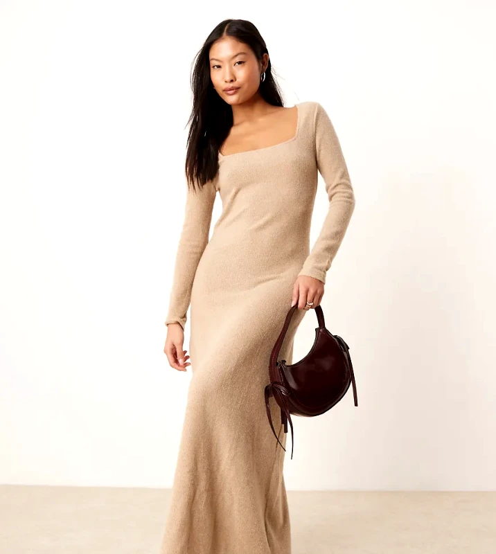 Vila Petite Vila Petite long sleeve square neck knitted maxi dress in camel-Neutral