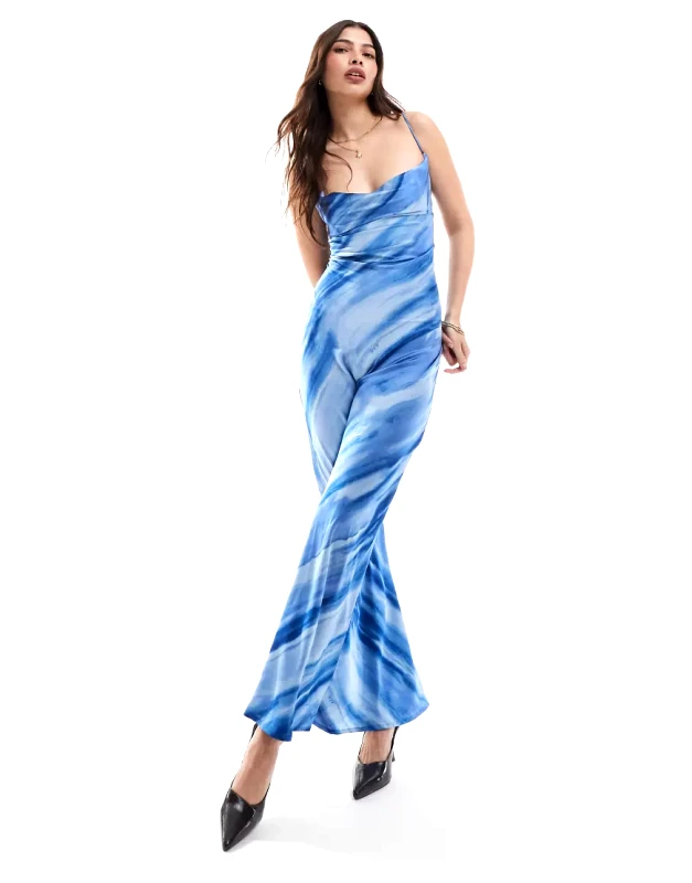 Object Object satin low cross back maxi dress in tonal blue zebra print