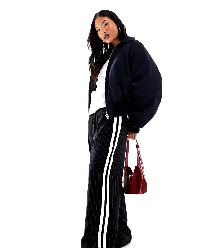 4th & Reckless Petite 4th & Reckless Petite side stripe wide leg trousers in black pinstripe-Multi