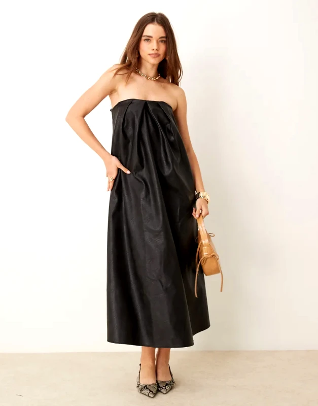 ASOS DESIGN ASOS DESIGN leather look bandeau trapeze midi dress in black