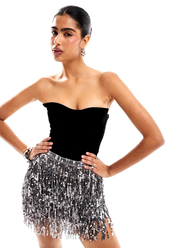 Bershka Bershka bandeau velvet bodysuit in black