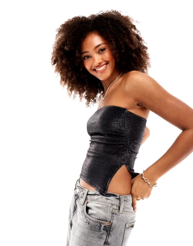 Bershka Bershka ruched side glitter bandeau top in black