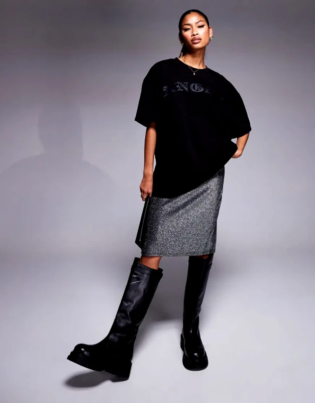 Liquor N Poker Liquor N Poker 2 in 1 t-shirt dress with rhinestone midi skirt in charcoal-Grey
