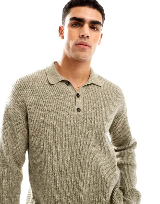 New Look New Look fisherman knit polo in olive-Green