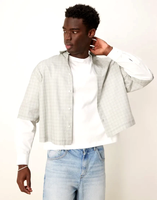 ASOS DESIGN ASOS DESIGN oversized cropped shirt with double layer sleeves in grey check