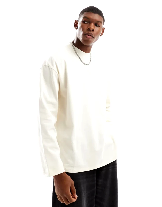ASOS DESIGN ASOS DESIGN oversized heavyweight stepped hem long sleeve t-shirt in cream-White