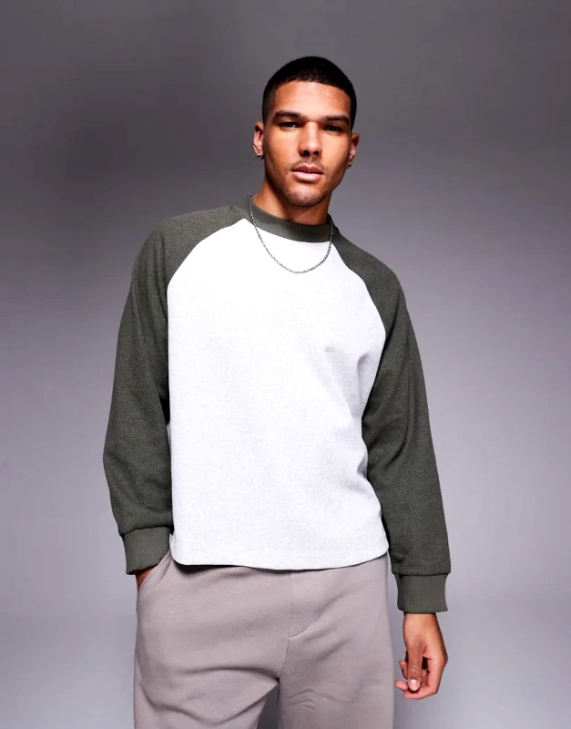 ASOS DESIGN ASOS DESIGN oversized boxy waffle long sleeve raglan t-shirt in grey marl