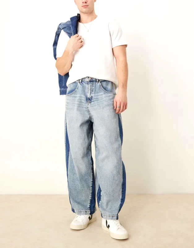 ASOS DESIGN ASOS DESIGN baggy balloon jeans in mid blue with side panels - MBLUE