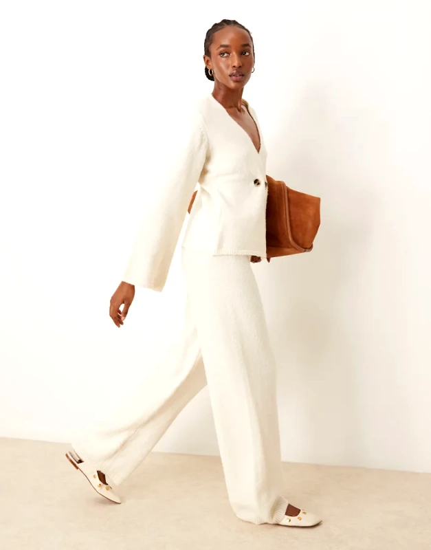YAS YAS wide leg knitted trousers co-ord in birch-White