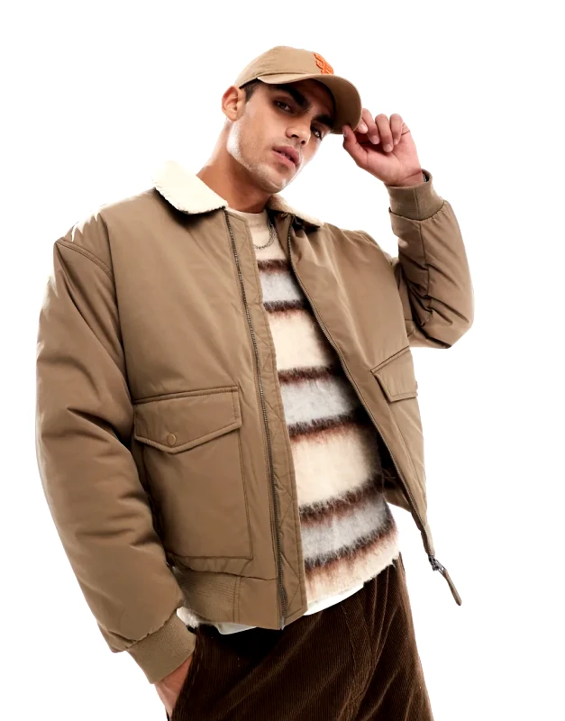 Jack & Jones Jack & Jones bomber jacket with collar in beige-Neutral