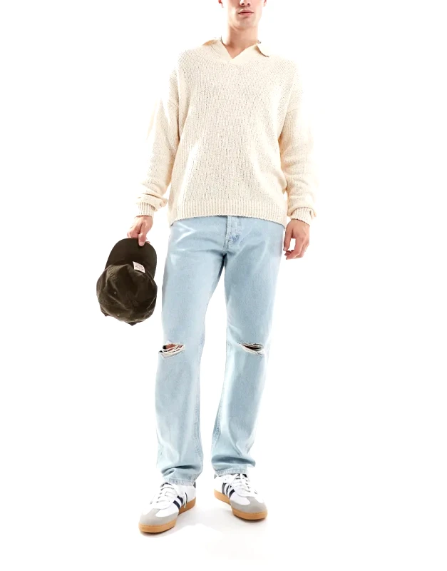 Jack & Jones Jack & Jones Chris straight leg jean with knee rips in light blue wash