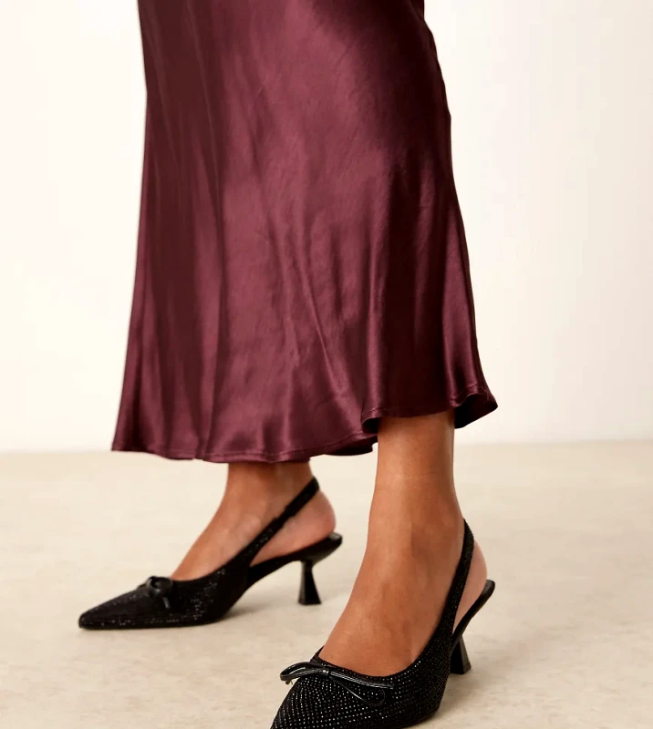 Glamorous Wide Fit Glamorous Wide Fit slingback kitten heels with bow in black embellished