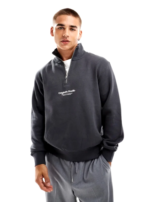 Jack & Jones Jack & Jones half zip sweat with originals logo in dark grey