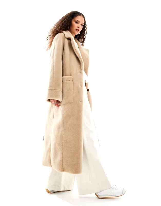 Urbancode Urbancode faux shearling belted maxi coat in cream-White
