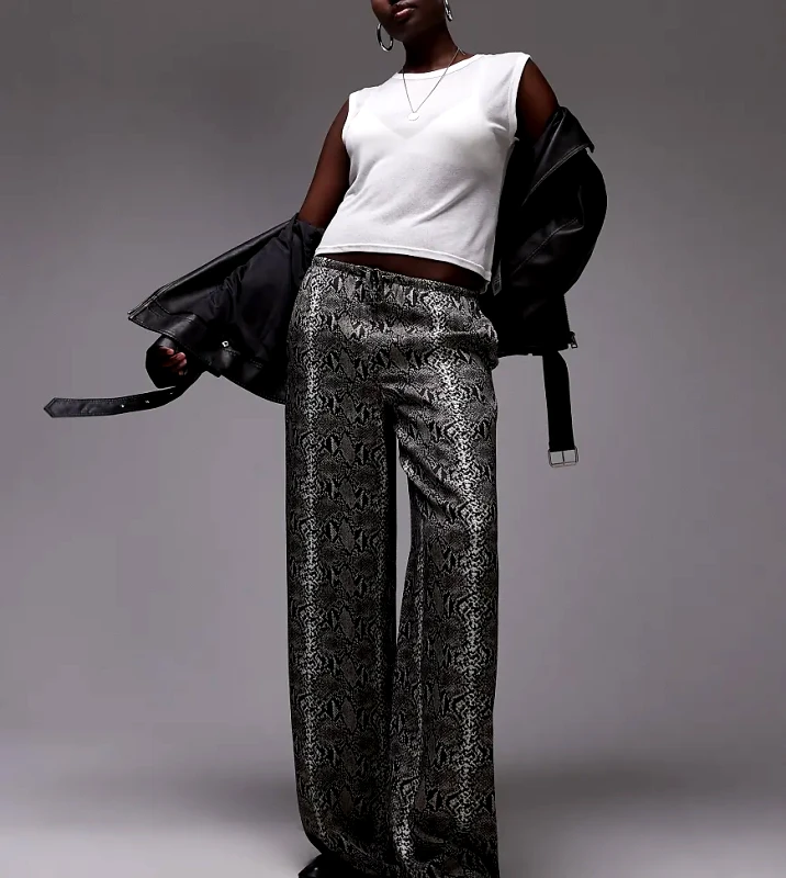 Topshop Tall Topshop Tall satin wide leg with tie waist in snake-Multi