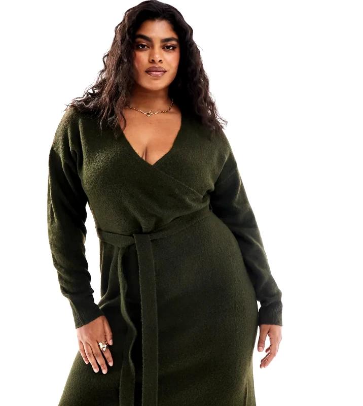 Yours Yours exclusive v-neck wrap knitted midi dress in khaki-Green