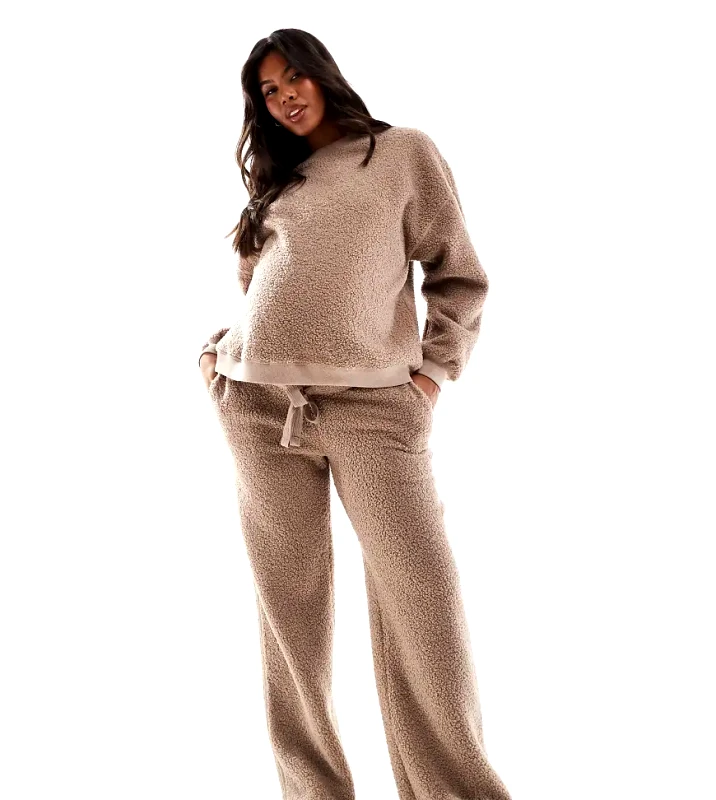 ASOS Maternity ASOS DESIGN Maternity lounge borg sweat & wide leg trouser set in taupe-Grey