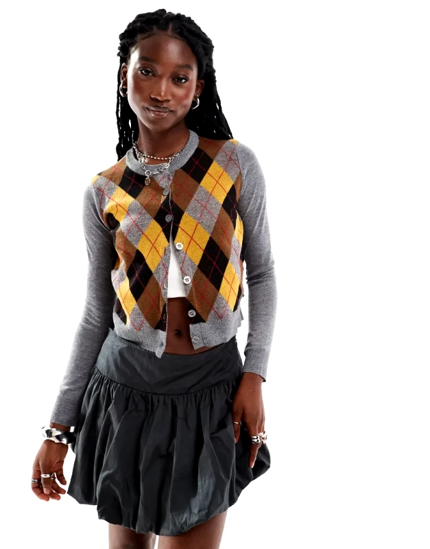 Daisy Street Daisy Street grey marl cardigan withharlequin pattern front panel