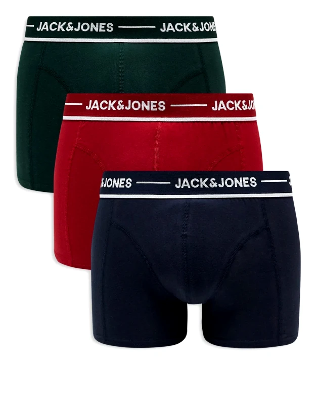 Jack & Jones Jack & Jones 3 pack trunks in red green & navy