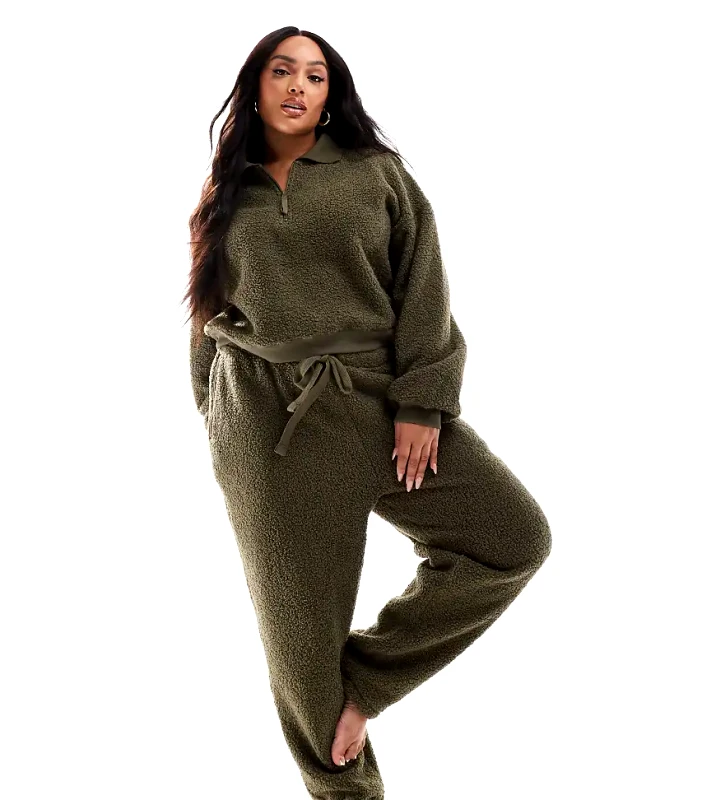 ASOS Curve ASOS DESIGN Curve lounge borg zip collar sweat & tapered trouser set in khaki-Green