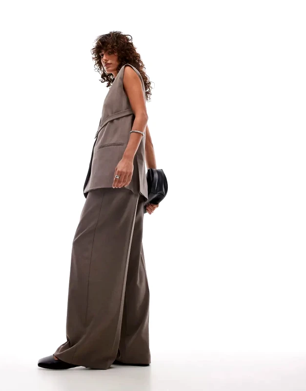 Topshop Topshop co-ord pleated waistband wide leg tailored trouser in sand-Neutral