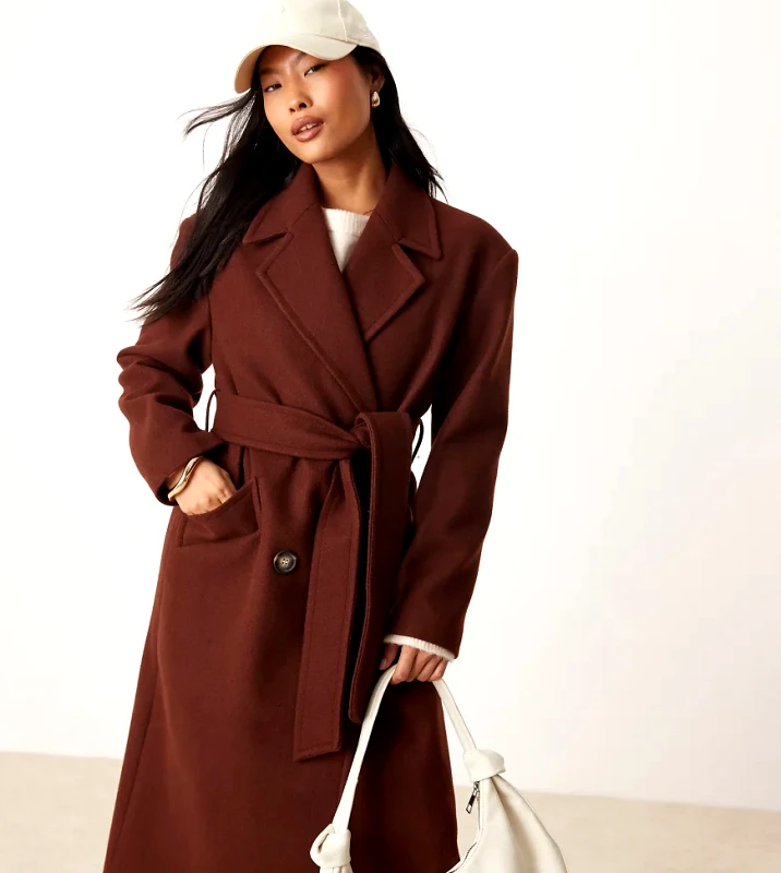 Miss Selfridge Petite Miss Selfridge Petite belted wrap formal coat in chocolate-Brown