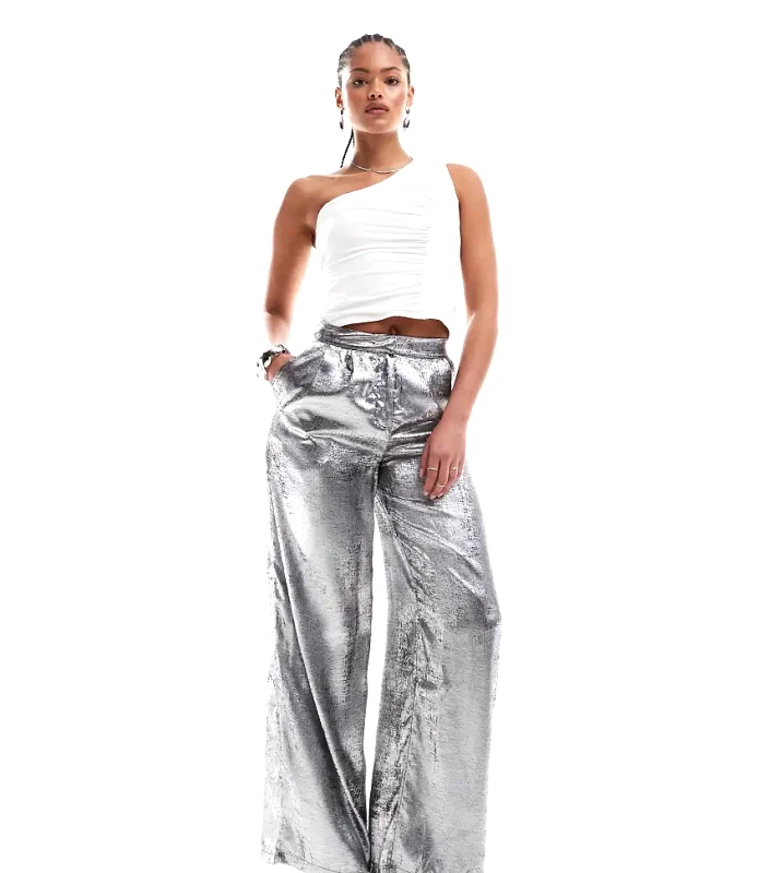 Only Tall ONLY Tall loose fit all over foil trousers in gunmetal-Silver