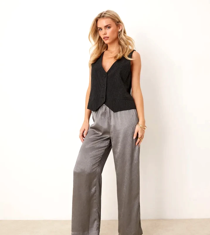 JDY Petite JDY Petite wide leg metallic trousers in silver-Grey