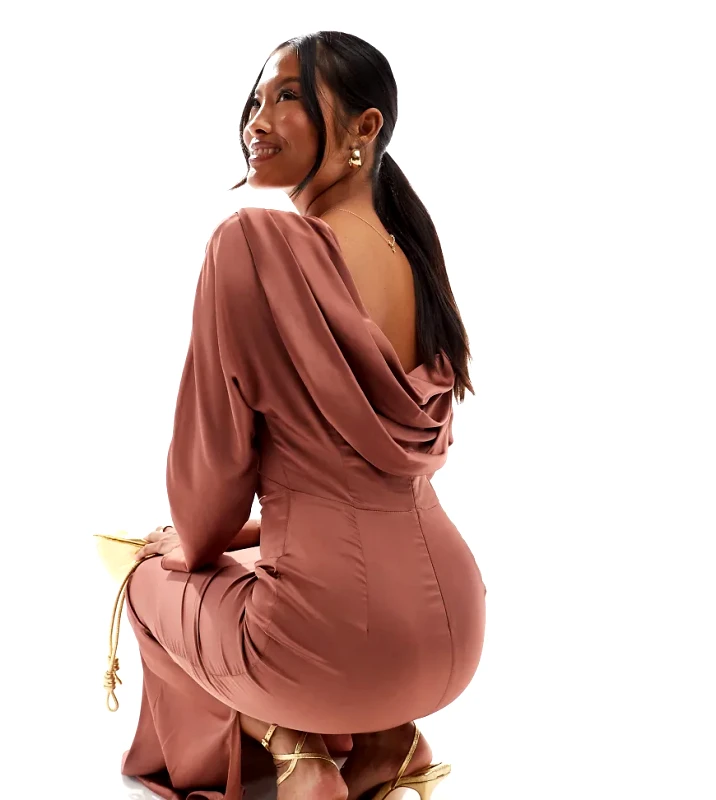 TFNC Petite TFNC Petite long sleeve satin cowl back maxi dress in mulberry-Red