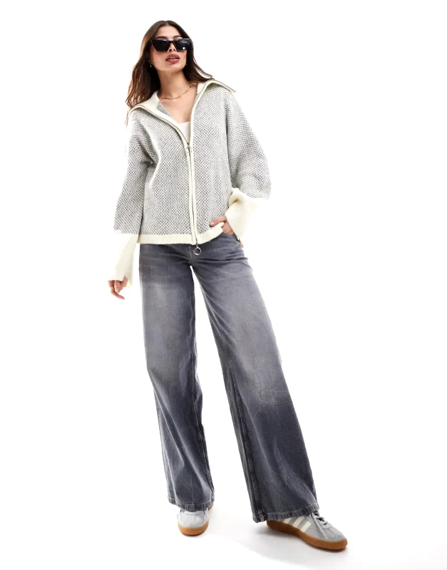 Pieces Pieces jacquard zip through cardigan with wide sleeves in cream and grey mix
