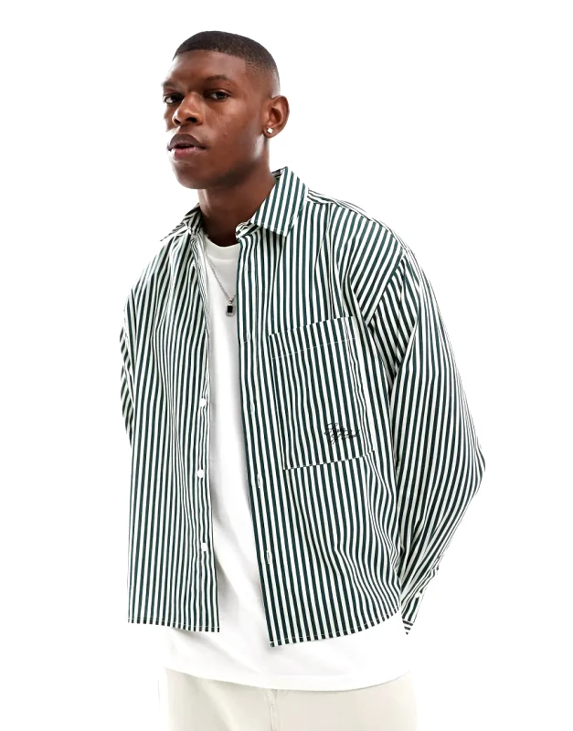 ASOS DESIGN ASOS DESIGN oversized boxy shirt with embroidery in green stripe
