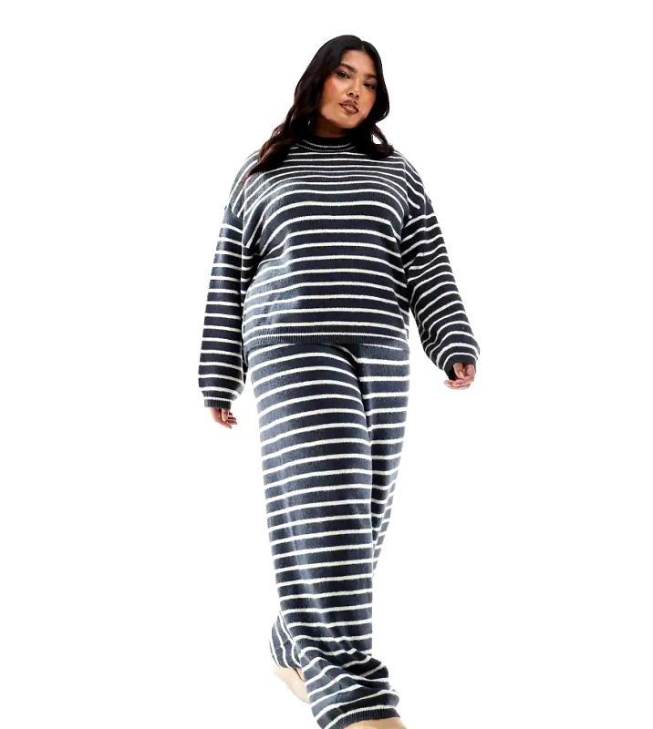Pieces Plus Pieces Curve knitted wide leg jogger co-ord in grey blue stripe-Multi