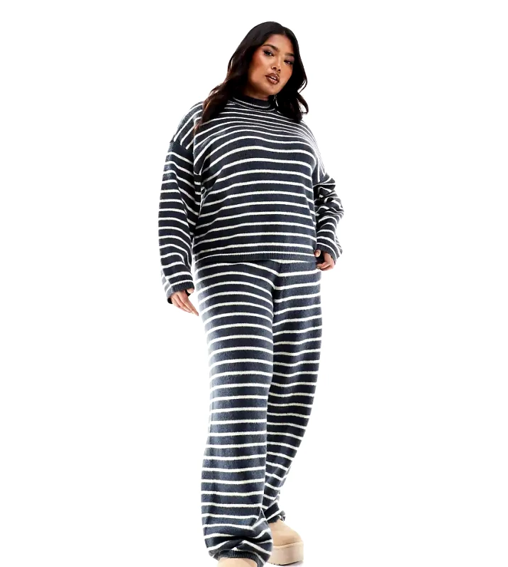Pieces Plus Pieces Curve high neck jumper co-ord in grey blue stripe-Multi