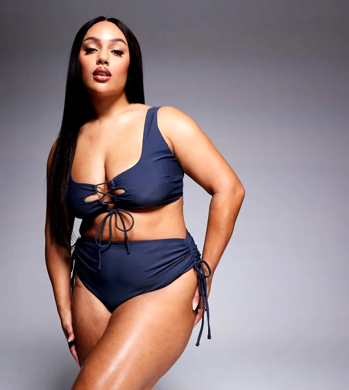 ASOS Curve ASOS DESIGN Curve Sierra high waist bikini bottom with ties in slate grey