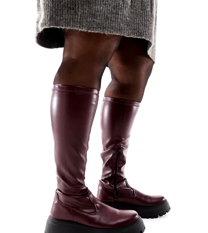ASOS DESIGN ASOS DESIGN Curve Canyon sock chunky knee boot in burgundy-Red