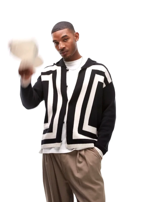 Topman Topman knitted crochet vertical stripe button through long sleeve shirt in black