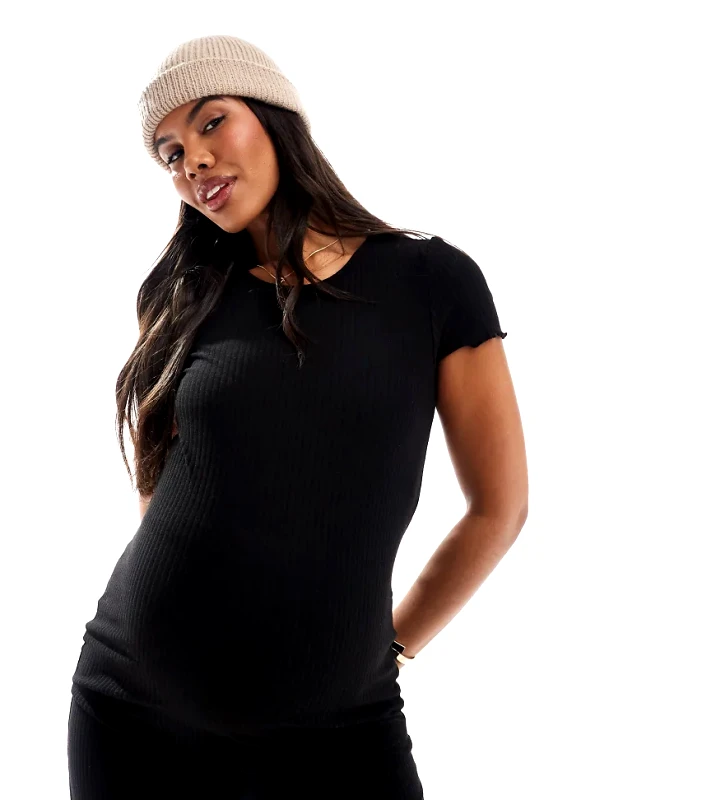 Only Maternity ONLY Maternity lettuce edge short sleeve top in black