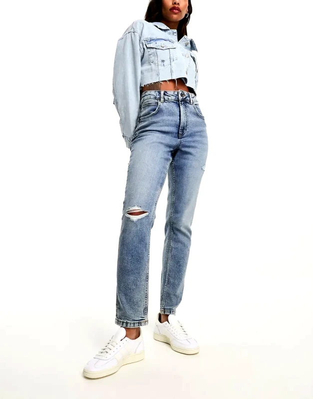 ASOS DESIGN ASOS DESIGN slim fit comfort mom jeans with rip in mid blue