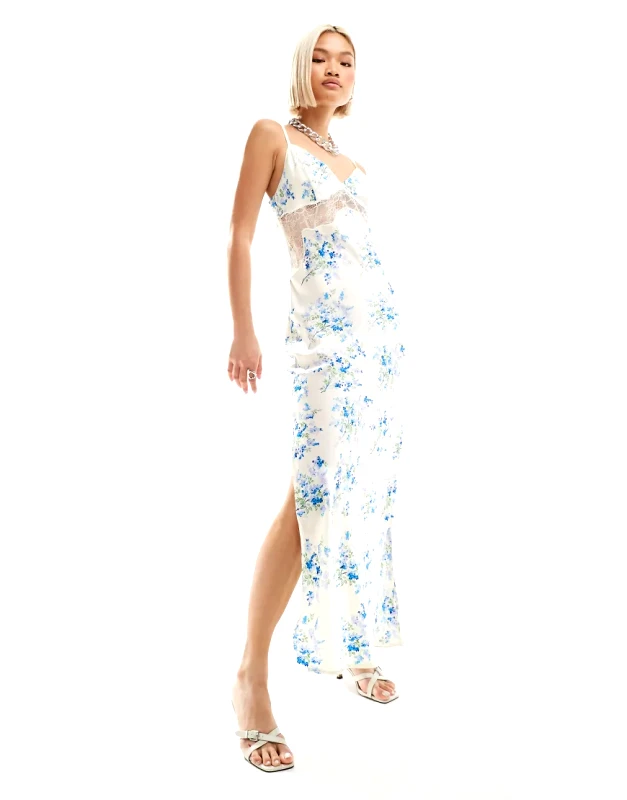 Emory Park Emory Park satin floral print maxi dress in blue cream floral-White