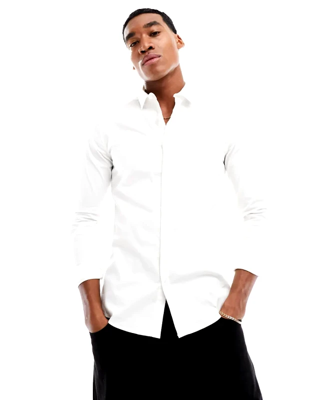 New Look New Look long sleeve muscle fit poplin shirt in white