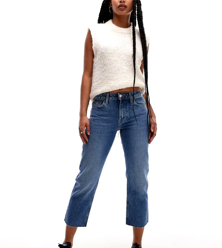Topshop Petite Topshop Petite cropped mid rise straight jeans with raw hems in mid blue